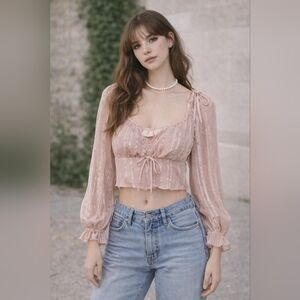 Urban Romantics Pink Cropped Coquette Milkmaid Sheer Sleeve Top, Size Large